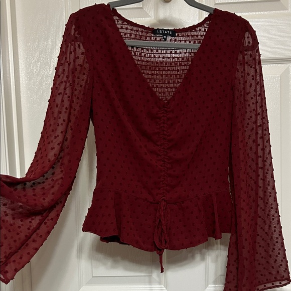 1. State Tops - 1. State Reddish Burgundy Cropped Top Swiss Dot Sheer Sleeves Ruched V-neck